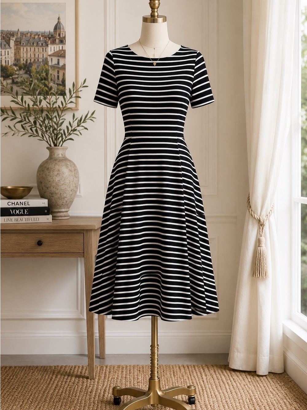 Lauren Ralph Lauren Striped Midi Dress Fit Flare Black White Quiet Luxury - Picture 2 of 9